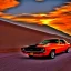 Placeholder: muscle car, desert road, sunset, full colour,