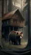 Placeholder: A cabin in the woods, a big brown bear, a movie scene, a more accurate picture