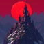 Placeholder: 8 bit pixelart a towering castle perched atop windswept cliffs, its jagged stone figure bathed in the cinematic crimson glow of a giant, imposing red harvest moon, red sky