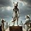 Placeholder: stands on top a wooden box a thin, young sad anthropomorphic wolf in full body hair with autentic wood-bone necklace hanging in his neck and in white belt , front him two older anthropomorphic wolves white Chef's Bib Snap Apron look at him, stormy sky, in blur background more different anthropomorphic wolves stand in body hair and looking them , realistic, detailed, cinematic, sci-fi, digital art, fantasy mood