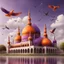 Placeholder: Hyper Realistic Orange & Purple Mosque with Brown Minarets riverside at beautiful cloudy weather with birds flying