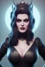 Placeholder: Amy Dumas as evil queen in black leather gown, evil, busty, cleavage, curvy, angry, stern look. character design by cory loftis, fenghua zhong, ryohei hase, ismail inceoglu and ruan jia. unreal engine 5, artistic lighting, highly detailed, photorealistic, fantasy