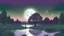Placeholder: Drawing illustration within a green, purple and golden light. Magic pond with a glowing and transparent angel figure in heaven. Nice starry sky in the back. God glowing Tree silhouette, the tree is located at the left side of drawing (not at the center) magical and transparent, big full moon on the right side of drawing