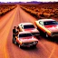 Placeholder: muscle car, married couple driving, desert road, sunset, full colour,