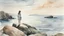 Placeholder: Image is a watercolor painting depicting a serene coastal scene. The layout is horizontal, with a woman standing on rocky terrain in the foreground, gazing towards the horizon. Her skin is depicted in soft, natural tones, and she has her hair tied up. The background features a calm sea with subtle reflections, and distant landmasses are visible on the horizon. The sky is painted in gentle gradients of pink and blue, suggesting either dawn or dusk. The overall style is impressionistic, with smoot
