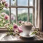 Placeholder: A beautiful image of a cup of tea on a window open and flowers