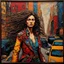 Placeholder: a captivating encaustic and ebru art that portrays a strong, fighter woman confidently navigating the bustling streets of new york city. her wild, brunette flowing hair is adorned with vibrant, colorful rags, and she wears a striking, futuristic outfit composed of rags, trinkets, and a cut-off leather