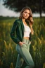 Placeholder: fullbody shot of young-beautiful-girl-with-a-perfect-face wearing pants and thight blouse and jacket sport shoes standing in country side green field day lights