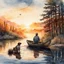 Placeholder: old man fishing in a rowboat with his dog, fishing pole, lake, sunset, setting sun glare, reflective, moody, nostalgic, cabin, watercolor and ink painting, masterpiece