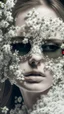 Placeholder: A beautiful face of a woman her skin and hair are made out of many very small white flowers, her eyes are covered with a white sunglasses