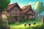 Placeholder: Farm, green grass, house, girl , cow tail, cow horne , no cow