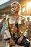 Placeholder: Photography fashion show beautiful blonde modeling using jacket glistening oiled shiny, intricate, Exquisite details and textures, highly detailed, digital painting, concept art, sharp focus, tribal background, illustration, 8k, golden hour