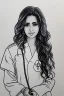 Placeholder: Pencil sketch of Young woman , nurse , Arab features,sad, long wavy hair, full body، on lined paper