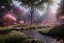 Placeholder: Immersive​ fantasy elven town in the deep forest with beautiful flower pink tree