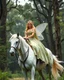 Placeholder: Beautiful princess Elf adorned she on riding white horse,beautiful forest giant trees oaks background