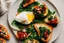 Placeholder: Bruschetta with chard, spinach, poached egg and dukkah plate, on table outside, using the Sony Alpha A7R IV, food photograpy style, macro lens, close up shot 50mm f/ 1.4