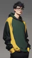 Placeholder: generate a tall guy with green eyes, black short hair, black rectangular glasses, plump lips, wide shoulders, in a black sweatshirt, black pants with pockets on the hips, yellow short socks, in black sneakers, wide shoulders, the guy is crying