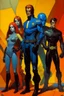 Placeholder: 1970's dark fantasy cover dnd style oil painting of the x-men with sport outfits with minimalist far perspective. Magazine.