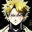 Placeholder: Detailed anime portrait of bakugo from my hero academia, gold hair and golden eyes, black suit, intricate details, full body portrait, keep head in frame, slight smile, black Japanese motif, concept art, highly detailed, digital painting, concept art, sharp focus, illustration, art by Yoji Shinkawa, WLOP and greg rutkowski and alphonse mucha and artgerm and yanjun Chen and Junji ito and Makoto Shinkai, HDR, octane render