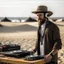 Placeholder: A short brown beard DJ with a hat on his head, sing at microphone, many electronic consoles around, empty dunes beach, FRONT VIEW