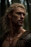 Placeholder: Tall muscular man, heavy set, aged 35 with light shaggy hair which falls around his shoulders, blonde neatly trimmed beard, bare chested, photorealistic, dark fantasy, forest.