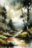 Placeholder: landscape in style of wlop, watercolor, Kevin Gnutzmans , russ mills, clouds, forest creek, , impressionism, hyperrealistic, cinemaographic