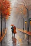 Placeholder: impressionism, oil, heavy impasto: dull and dreary deserted wet autumn cobbled grey street in a small town, heavy fog, trees, single fallen leaf on road, leaf in shades of pale orange and copper-red,autumn depression, a man and a woman walking together and hugging each other under an umbrella melancholic vibe, unsaturated colors, faded palette, ground level view, deep low wide angle, a train track by the side of the city