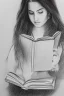 Placeholder: Pencil sketch of Young woman, Arab features,sad, long wavy hair, reading a book, full body، on lined paper