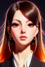 Placeholder: young anime business woman, brown hair, dark orange eyes, hoop earrings, red blouse, elegant, dark eyeshadow, black eyeliner, high arch angular eyebrows, head and shoulders portrait, 8k resolution, WLOP, Alphonse Mucha dynamic lighting, hyperdetailed, intricately detailed, retroanime