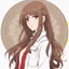 Placeholder: A headshot of a confident woman with long brown hair and red eyes, wearing casual, modern attire, colored manga style, intricately detailed,