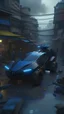 Placeholder: futuristic car, arriving at the slums of a city, broken a crowd of robots everywhere, drone shot, cyberpunk, digital art, 4k