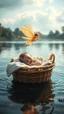 Placeholder: A baby sleeping in side a basket bed that is floating in the river and an beautiful fairy with sparkling wings flying over him