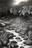Placeholder: 水墨画画出茶叶漂浮在溪流上