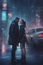 Placeholder: Science fiction, cyberpunk, city street, couple girl and guy, together, love at first sight, forbidden love, storm, lightning