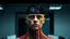 Placeholder: human figure visible only up to the shoulders of colorful threads , the threads forming the head, behind the threads in his head visible the dark universe with a few stars, he looking at the camera, in the background is gray and blurry office background, surreal image, detailed, sharp contrasts, realistic, cinematic, weird vibe