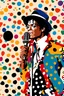 Placeholder: colorful Illustration of a michael jackson microphone in hand and looking at the camera. Polka dots in the background. by munch