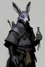 Placeholder: Portrait of a young thin dark grey humanoid field rabbit as large as a person, who is a drunken monk for dnd but has ranger's clothing with their ears in a ponytail behind his head, and he also has a staff on his back and a flask in his hand. He also has mild battle scars on his face, but is smiling blissfully