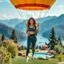 Placeholder: very beautiful lady with beautiful sports pant and top and sports shoes with curvy hair in a nice balloon flying in a nice villa yard with trees flowers ,in country side in floor of beautiful mountains ,sea with ships ,water falls ,