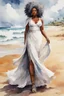 Placeholder: Create an urban culture watercolor painting of a beautiful thick black female wearing a soft white maxi dress and a white hair wrap. Prominent make up with lush lashes. Highly detailed tightly curly afro. Background of her walking in the sand by the ocean.