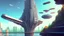 Placeholder: people watching a futuristic ship flying above a utopian metropolis. bridges, roads, balconies, trees, dense foliage, river, pathways, detai...