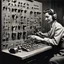 Placeholder: vintage technology, 1950's telephone operator working switchboard connecting callers through plugs keys and connecting cords, vintage photography, dramatic, nostalgic, hyperrealistic,