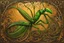 Placeholder: a stylized abstract illustration of a Praying Mantis insect from calligraphic letters, flourishes, and swirls , finely drawn and inked, in classic Medieval calligraphy, 4k, hyper detailed in the style of EL SEED and vibrantly colored in the style of GUSTAV KLIMT