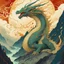 Placeholder: Bordered digital illustration of a ethereal lightning Dragon Emperor upon a mountain by Victo Ngai. Torat card, Hanafuda style. High quality, masterpiece.