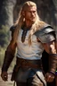 Placeholder: handsome viking warrior king, muscular, long blonde hair, male age 30, wearing jeans and a white shirt, tan skin, tattoos,photorealistic 4k modern fantasy