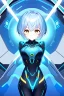 Placeholder: Girl with golden eyes and light blue short hair, futuristic