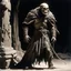 Placeholder: [high res photo by Ray Harryhausen] The thing moves again, emerging fully from the shadows. It is a wight—a walking corpse of immense size, its body wrapped in the tattered remains of priestly robes, gray with age and decay. The cloth flutters as it moves, revealing glimpses of bone beneath. Its head is a featureless skull with glowing blue light where the eyes should be, casting a faint azure radiance over the snow. As it drags itself forward, its joints grind audibly, the sound like stone grin