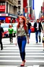 Placeholder: slim redhead woman walking across a busy street