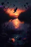 Placeholder: Darkness, river, sunset, flowers, ravens, fireflies, epic,