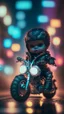 Placeholder: A cute Kawaii tiny hyper realistic baby terminator riding mini harley davidson, wearing bikers clothes with freestyle action, night of cyberpunk city background. wide angle full body, 8k, Cinematography, photorealistic,epic composition Unreal Engine,Cinematic, Color Grading, Portrait Photography,Ultra-Wide Angle, Depth of Field, hyper detailed