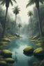 Placeholder: Draw me a lake with a palm trees forest with mossy big stones